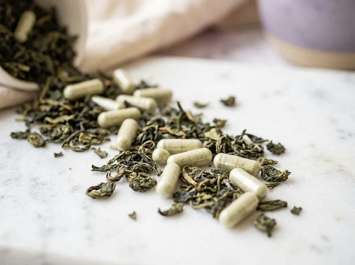 Dagelijks supplement op basis van groene thee-extract - macro detail botanische capsules